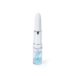 A pen with a white top and a clear barrel featuring a floral design in blue and pink. It has a logo on the barrel.