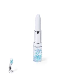 A white and clear pen featuring shimmering blue and silver glitter. It includes a branding logo on the body.