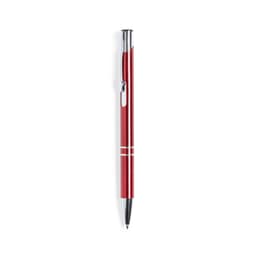 A red metal pen with chrome accents and a clip, featuring a sleek design.