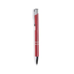 A red metal pen with silver accents and a clip, featuring a smooth retractable tip. It has a logo on the body.