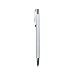 A sleek silver metal pen with a shiny finish and a clip, featuring a simple design and a branding logo.