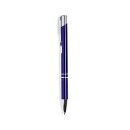 A blue metal pen with shiny chrome accents and a branding logo on its side.