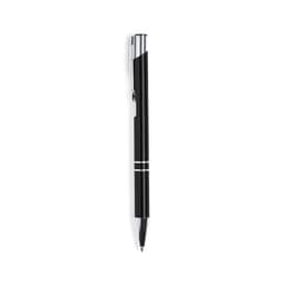 A metal pen with a sleek black finish and chrome accents. It features a clip and a logo.