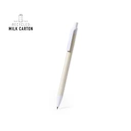 A white pen made from recycled milk cartons, featuring a clip and a logo at the top.
