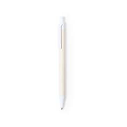 A pen with a white tip and a natural wood barrel, featuring a clip and branding on the side.
