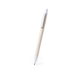 A white pen with a natural wooden barrel and a white clip, featuring a logo.
