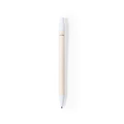 A pen with a wooden body, white tip, and clip, featuring a logo on the side.