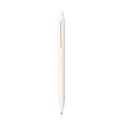 A pen featuring a natural wood and white design, including a clip and a ballpoint tip.