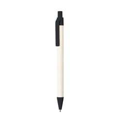 A black and white pen with a sleek design and a clip. The pen features a logo on its surface.