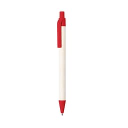 A white pen with a red clip and tip, featuring a logo on the body.