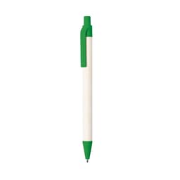 A pen with a white body and a green grip, featuring a clip and a ballpoint tip. It has a logo on the barrel.