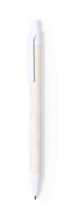 A sleek white and natural wood pen with a clip, featuring a streamlined design and logo branding.