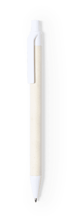 A white and beige pen with a clip and a branded logo on the barrel.