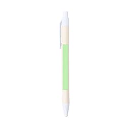 A pen with a bamboo body, green accent, and white tip, featuring a clip and branding.