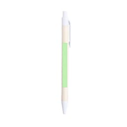 A white and light green pen with a smooth body and a clip, featuring a blank area for custom branding.
