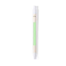 A Roliok pen featuring a white tip and a light wood body with a green section, along with a logo on the design.