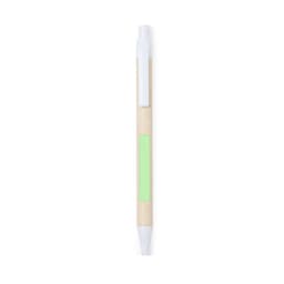 A pen with a light wooden body and green accent, featuring a white clip and tip. The pen has a logo.