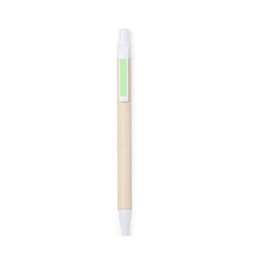 A pen featuring a wooden barrel and white accents, with a light green section. It has a logo present.