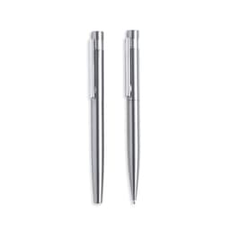 A set of two metal pens in silver, featuring sleek designs and a clip for convenient use.