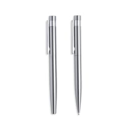 A set of two metal pens in silver, featuring sleek designs and a clip for easy carrying. The image includes branding.