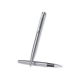 A metal pen set in silver, featuring a stylish design and a branded logo, elegantly displayed together.