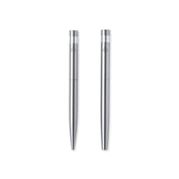 A set of two silver metal pens with a sleek design and a logo on the barrel.
