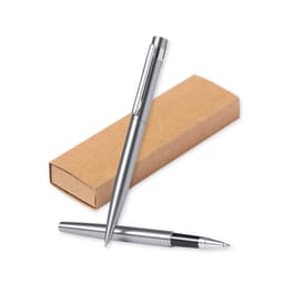 A silver metal pen and a rollerball pen resting beside a simple brown box. The set includes branding on the items.