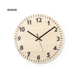 A wooden wall clock features a natural finish with black numerals and hands. It has a simple, modern design.