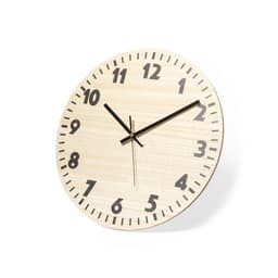 A wooden wall clock featuring a natural finish with black numbers and clock hands.
