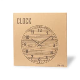 A wall clock with a circular wooden design, featuring hour and minute markers, packaged in a simple cardboard box.