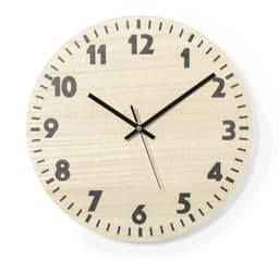 A round wooden wall clock featuring large black numbers and hands in a light wood finish.