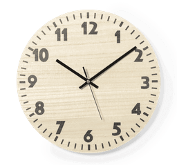 A wall clock with a light wood finish, black numbers, and hands, displaying a simple and modern design.