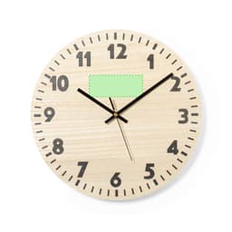 A wooden wall clock with large black numbers and hands, featuring a blank area at the 2 o'clock position.