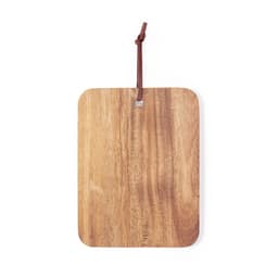 A wooden chopping board with a smooth finish and a leather loop for hanging. Natural tones highlight its texture.