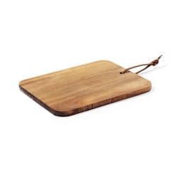 A wooden chopping board with a rounded edge and a leather strap for hanging. Features a natural finish.