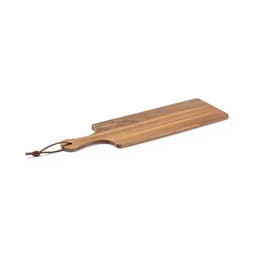 A wooden chopping board with a handle and leather strap, featuring a smooth, natural finish in brown tones.