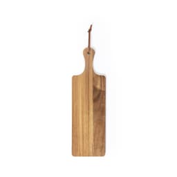A wooden chopping board in natural tones with a hanging loop at the top. It features a smooth, rectangular design.