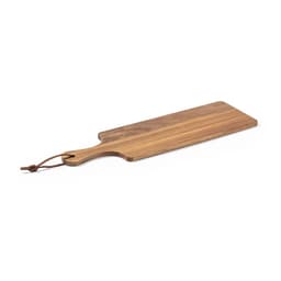 A wooden chopping board in a natural finish with a handle and a leather strap.