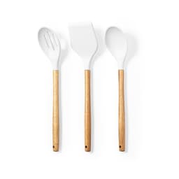 Set of three kitchen utensils featuring white heads and wooden handles. Includes a slotted spoon, spatula, and regular spoon.