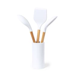 A white kitchen utensil set featuring three silicone spatulas with bamboo handles, displayed in a white holder.