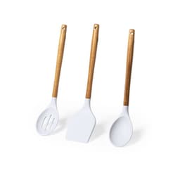 A set of three kitchen utensils with white silicone heads and wooden handles, including a slotted spoon, spatula, and ladle.