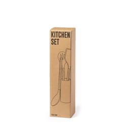 A kitchen set featuring wooden utensils in a storage holder, packaged in a tall, brown cardboard box with a logo.