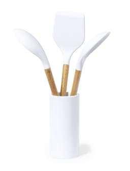 A kitchen set featuring three white cooking utensils with bamboo handles, displayed in a white holder.