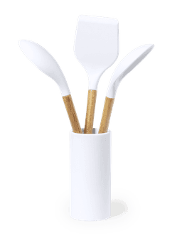 A white kitchen utensil set featuring three tools with wooden handles, displayed in a matching container.