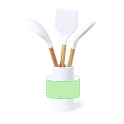 A kitchen set featuring white silicone utensils with bamboo handles, displayed in a white holder.