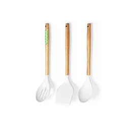 A set of three kitchen utensils with wooden handles and white silicone heads, featuring a green design on one handle.