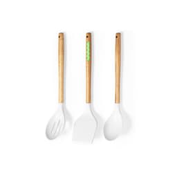 A set of three kitchen utensils with wooden handles and white silicone heads, featuring a logo on one handle.