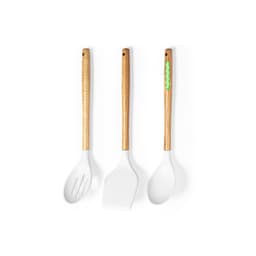 Three kitchen utensils with wooden handles and white silicone heads, featuring one with a green accent.