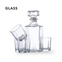 A glass whisky decanter set featuring a clear glass bottle and four matching glasses.