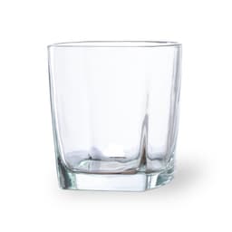 A clear glass tumbler with a square base and smooth edges, featuring a minimalist design.